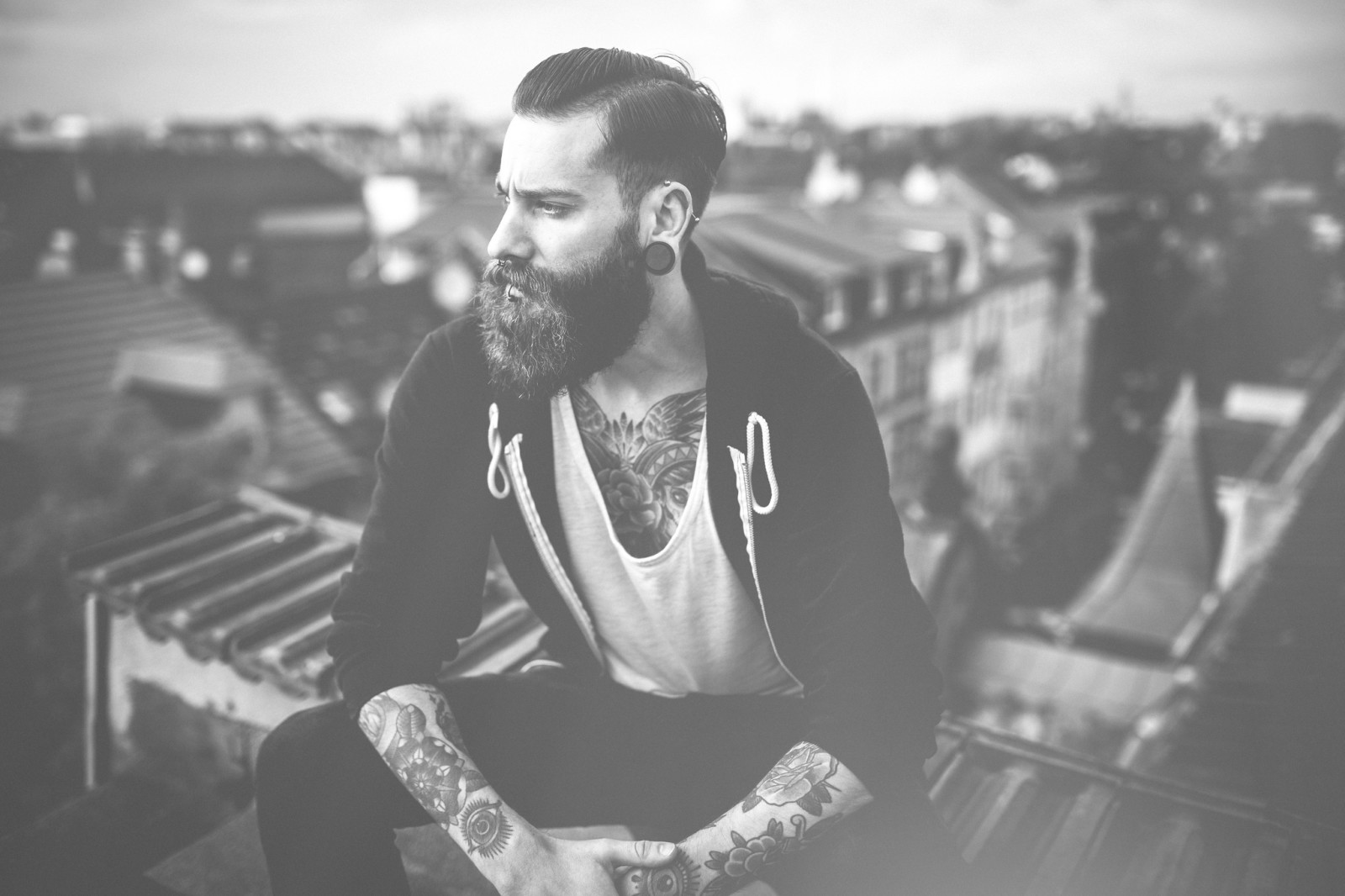 home, eyes, hair, city, tattoo, roof, beard, The hood