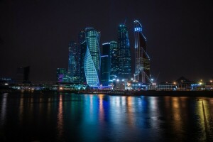 backlight, business center, capital, high-rise buildings, light reflection, Moscow, Moscow City, Moscow river