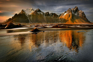 Lac, montagnes, la nature, réflexion, le coucher du soleil