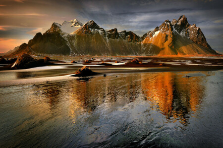 lago, montanhas, natureza, reflexão, pôr do sol