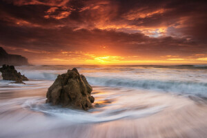 plage, des nuages, horizon, mer, des pierres, lever du soleil, vague