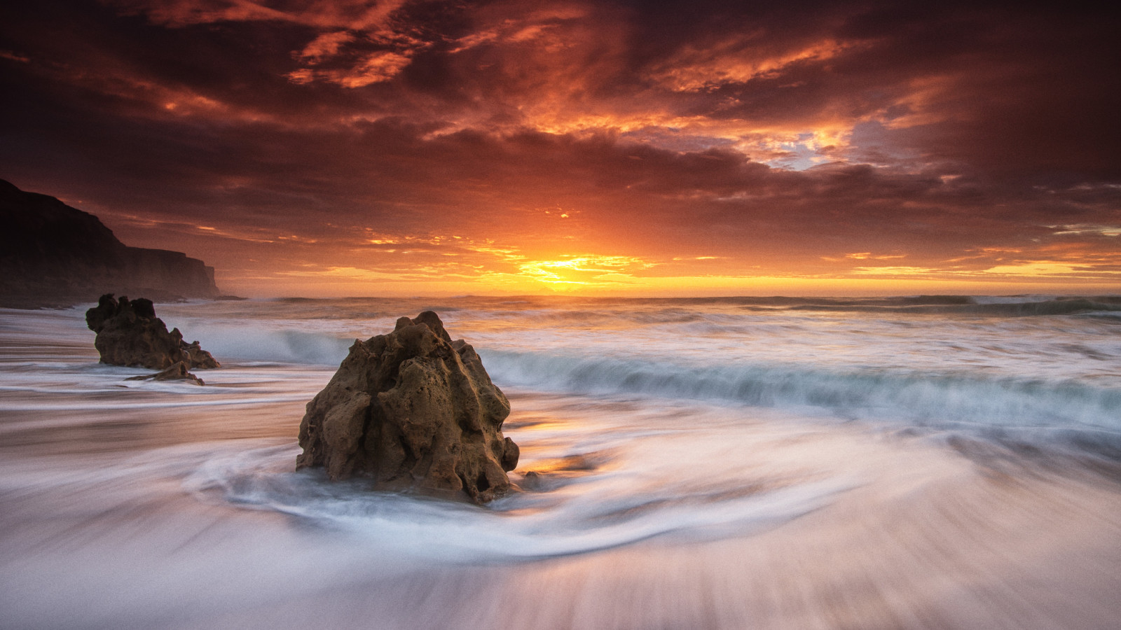 de praia, pedras, mar, nuvens, onda, Nascer do sol, horizonte