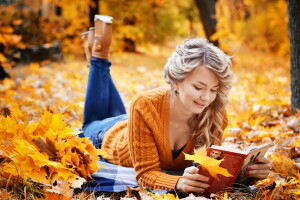 autunno, libro, fogliame, ragazza