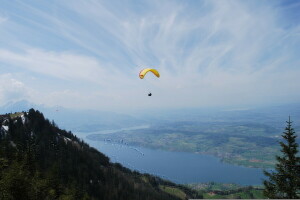 montagnes, panorama, Parapente, plaine, rivière, Suisse