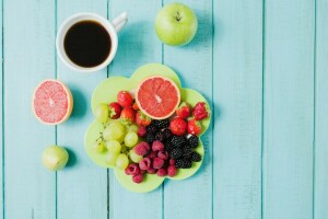 bayas, desayuno, café, Fruta, uvas