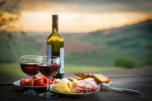 Bokeh, Flasche, Brot, Käse, Brille, Schinken, Landschaft, Platten