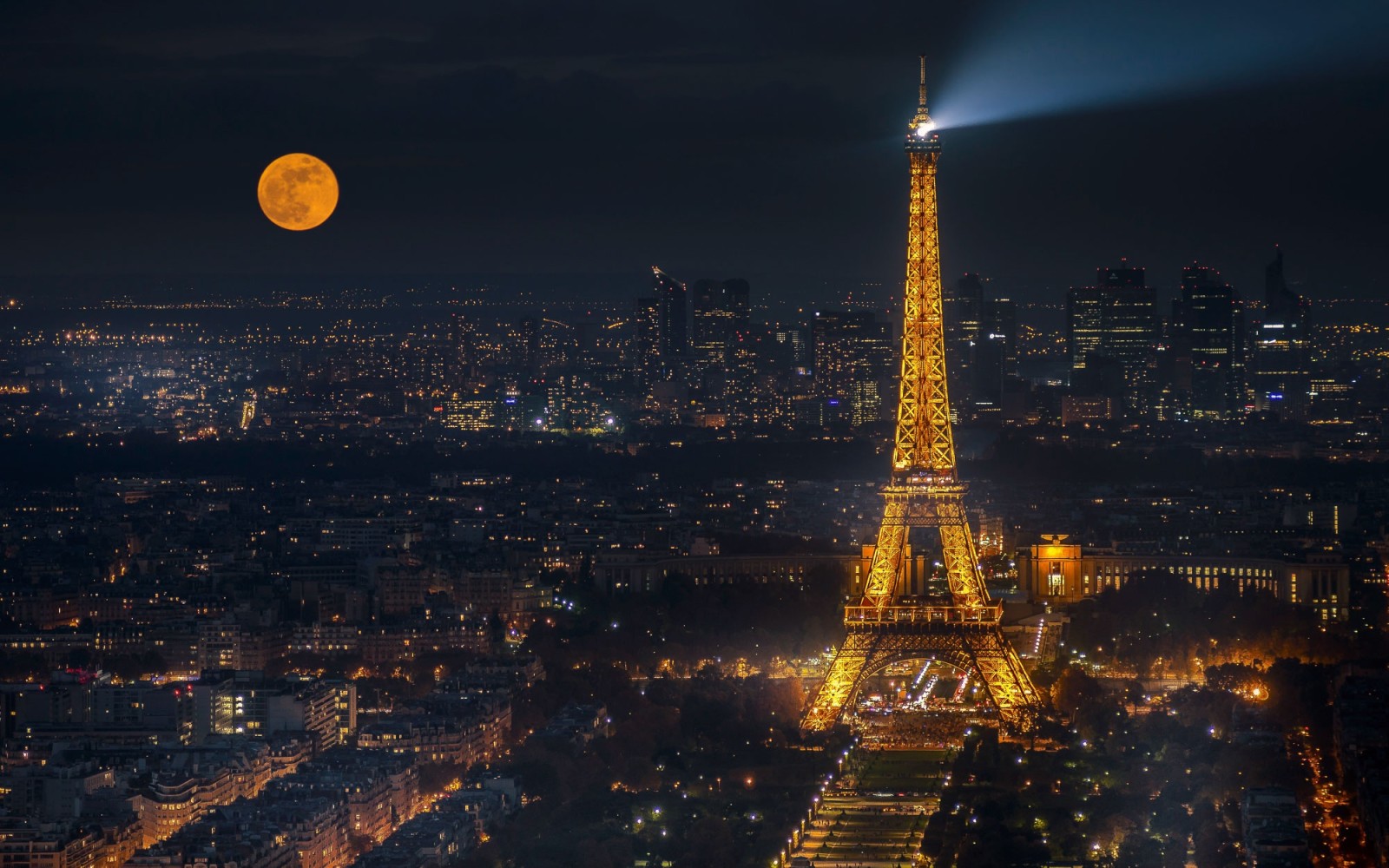 gece Şehri, ışıklar, Ay, Fransa, panorama, Paris, Eyfel Kulesi