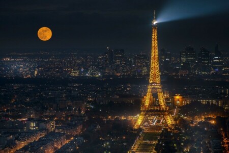 Torre Eiffel, Francia, luci, città notturna, panorama, Parigi, La luna