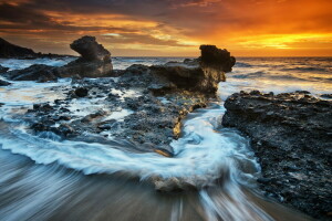 panorama, pedras, mar, pôr do sol