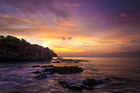 strand, gryning, mexico, sten, Havet