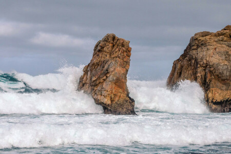 klipper, hav, sprøjt, sten, storm, himlen, bølge