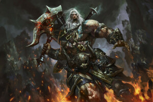 armor, Barbarian, Creek, Diablo 3, fire, look, warrior, weapons