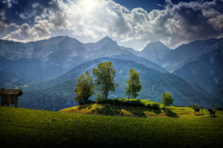 Østerrike, skyer, skog, glade, gress, grønt, HDR, fjellene