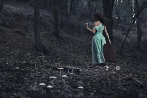 forest, girl, suitcase