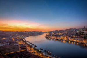 Bridge, dawn, lights, Porto, Portugal, river, the city