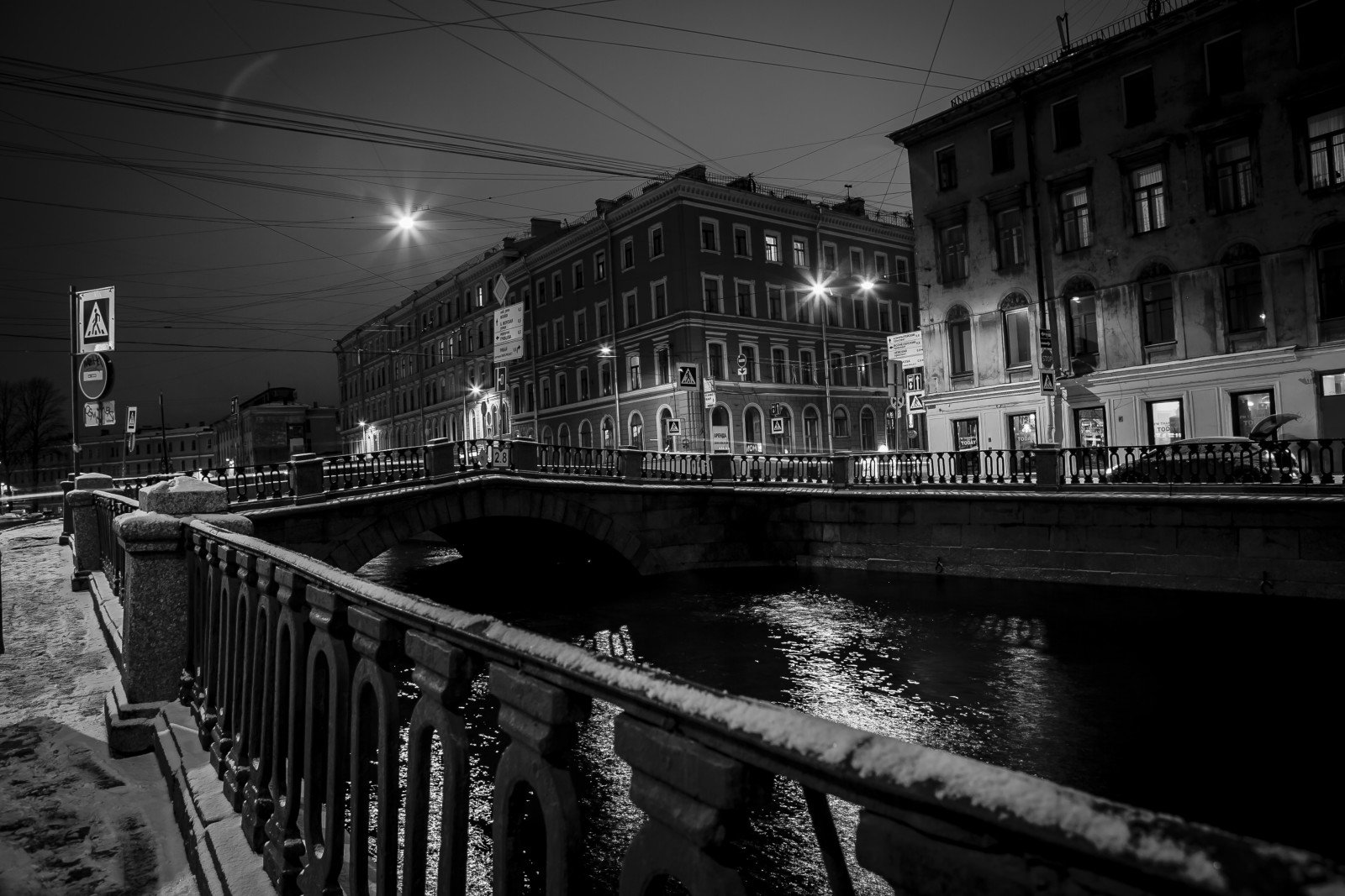 neve, a cidade, casa, luzes, São Petersburgo, Ponte, passeio, Neva