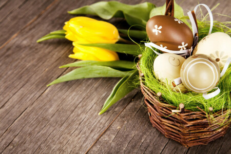 decoración, Pascua de Resurrección, huevos, flores, contento, primavera, tulipanes