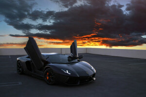 Aventador, clouds, Lamborghini, on the roof, Sports car, supercar