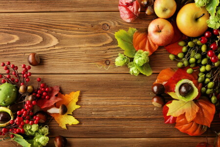 apples, autumn, berries, fruit, harvest, leaves, Still life