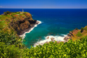 cape, grass, Hawaii, horizon, Lighthouse, rasteniya, sea, the sky