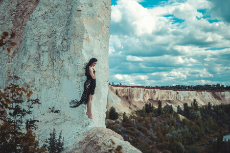 brunette, legs, Martin Brest, on the edge, photographer, standing, trees