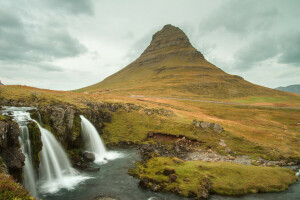 nuvole, Islanda, Kirkjufell, Montagna, il cielo, cascata