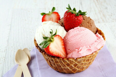 basket, berries, dessert, ice cream, strawberry, sweet, wafer