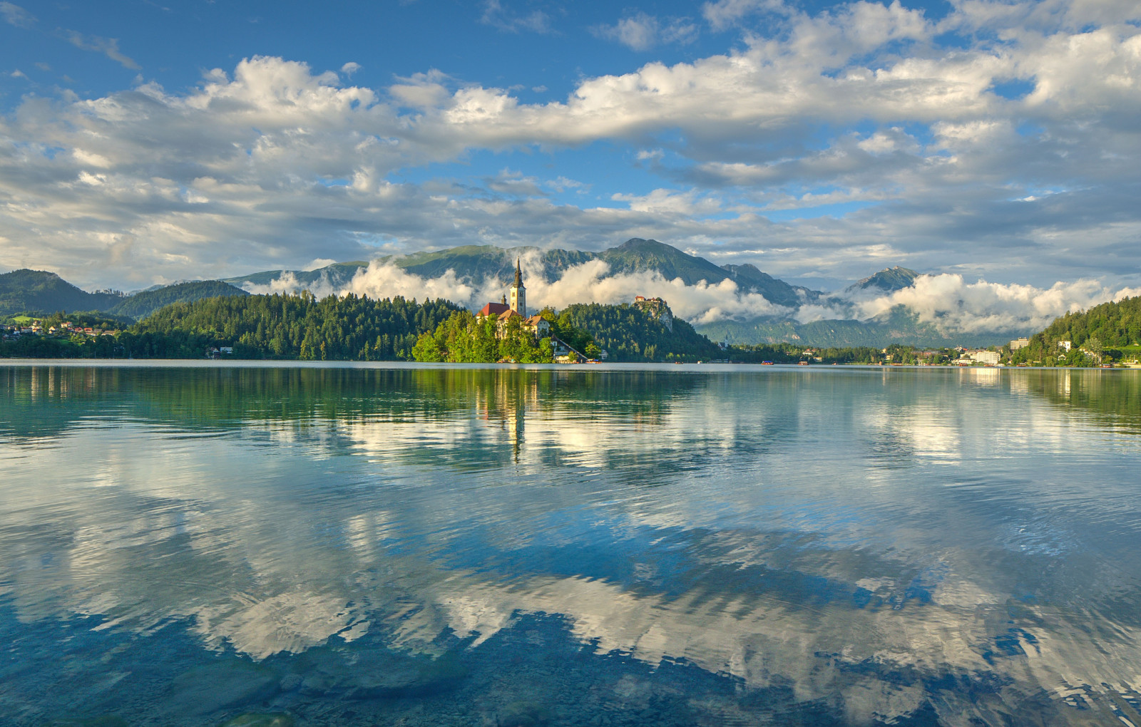 the sky, reflection, clouds, mountains, mirror, Slovenia, The Julian Alps, Lake bled