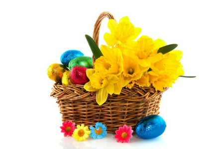 basket, Easter, eggs, flowers, Sunday