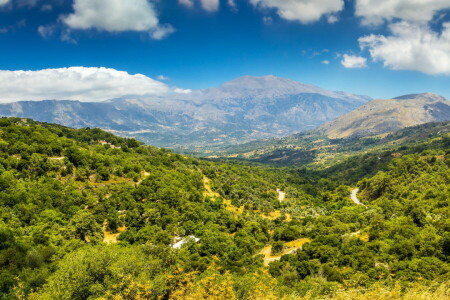 clouds, Crete, forest, Greece, island, mountains, the sky