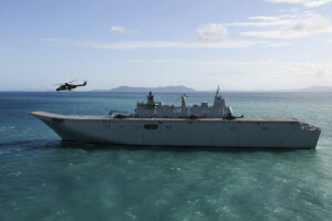 HMAS Canberra, aterrissagem, mar, helicóptero para navio