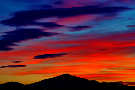 skyer, gløde, fjellene, solnedgang, himmelen