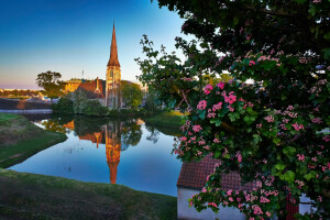 Chiesa, Copenhagen, Danimarca, paesaggio, riflessione, fiume, Chiesa di Sant'Albano, albero