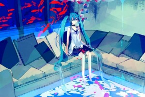 art, bubbles, fish, girl, hatsune miku, pillow, sitting, sofa