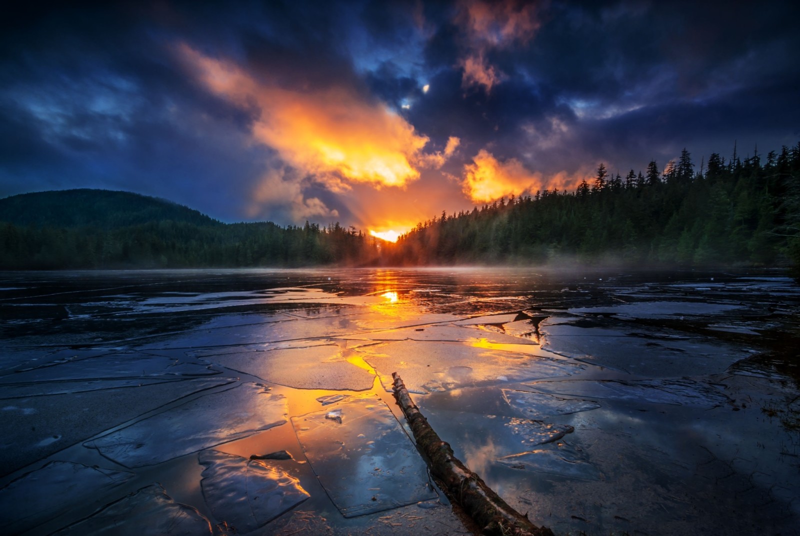 floresta, o céu, lago, pôr do sol, reflexão, montanhas