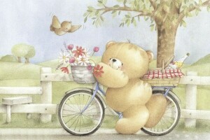 un tas, art, ours, bicyclette, enfants, fleurs, Ourson transat Forever Friends, ambiance