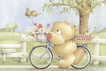 a bunch, art, bear, bike, children's, flowers, Forever Friends Deckchair bear, mood