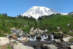 Landschaft, Berge, Natur, Park, Rainier, Steine, Strom, USA