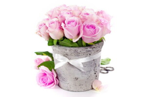 bouquet, fleurs, rose, ruban, romantique, des roses, vase