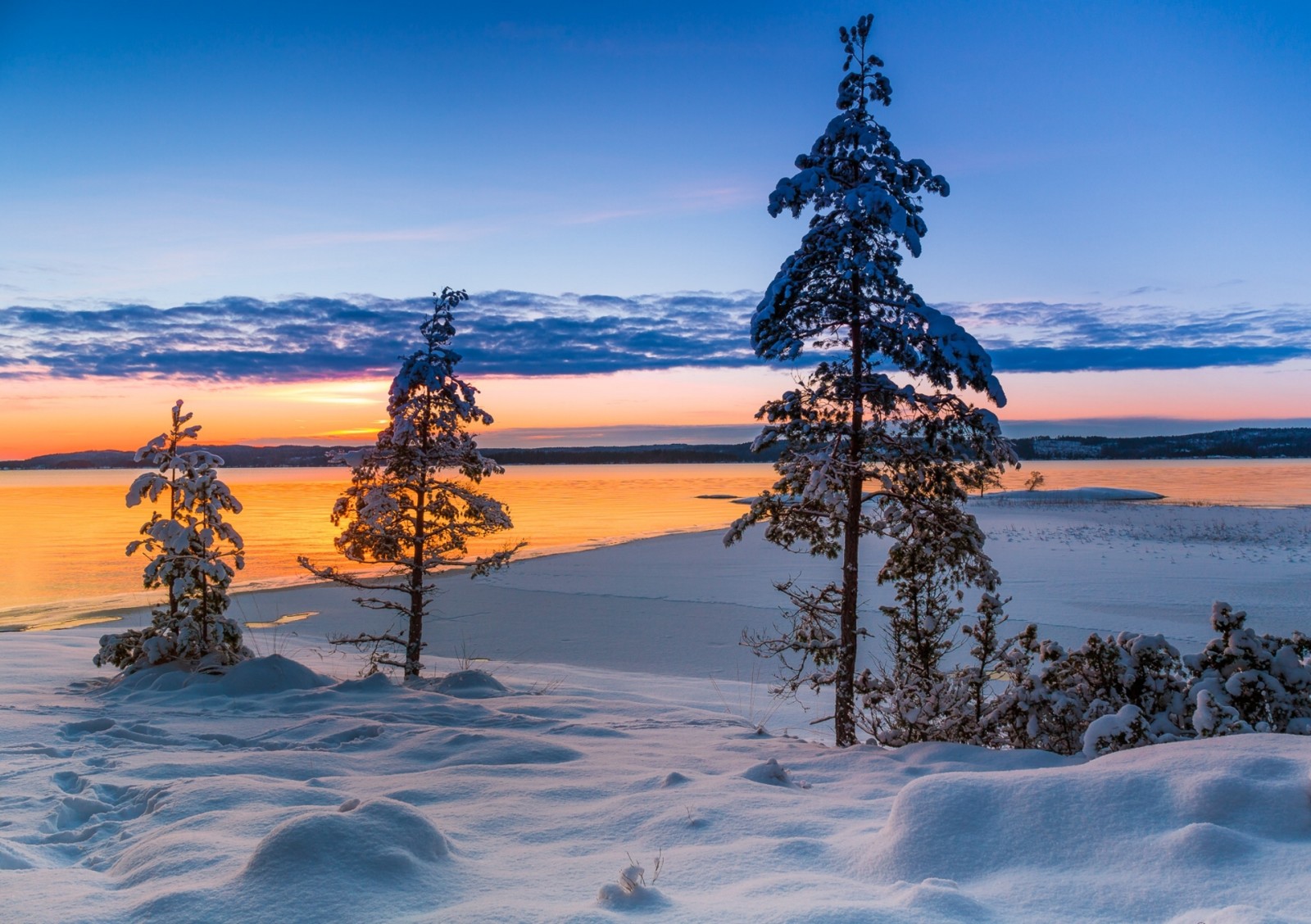 zăpadă, lac, apus de soare, iarnă, copaci, Suedia, Județul Varmland, Värmland