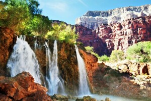 green, landscape, nature, rocks, the sky, trees, waterfall