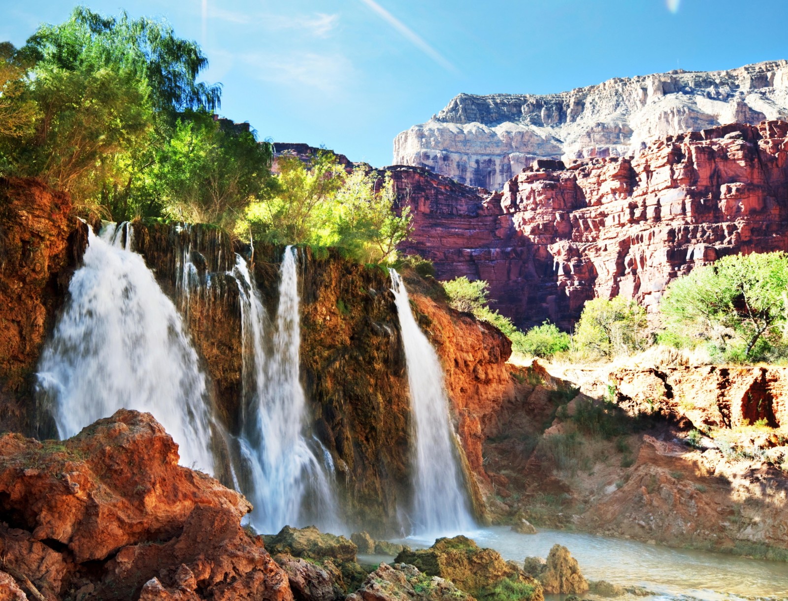 natureza, o céu, panorama, árvores, cascata, pedras, verde