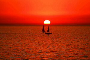 barco, vela, mar, pôr do sol, o céu, o sol, iate