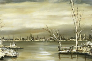 Segeltuch, Landschaft, Öl, Ovchinnikov Vladimir Ivanovich, Fluss, Bäume, Winter