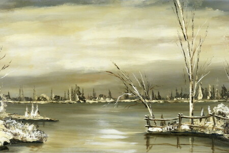 canvas, landscape, oil, Ovchinnikov Vladimir Ivanovich, river, trees, winter