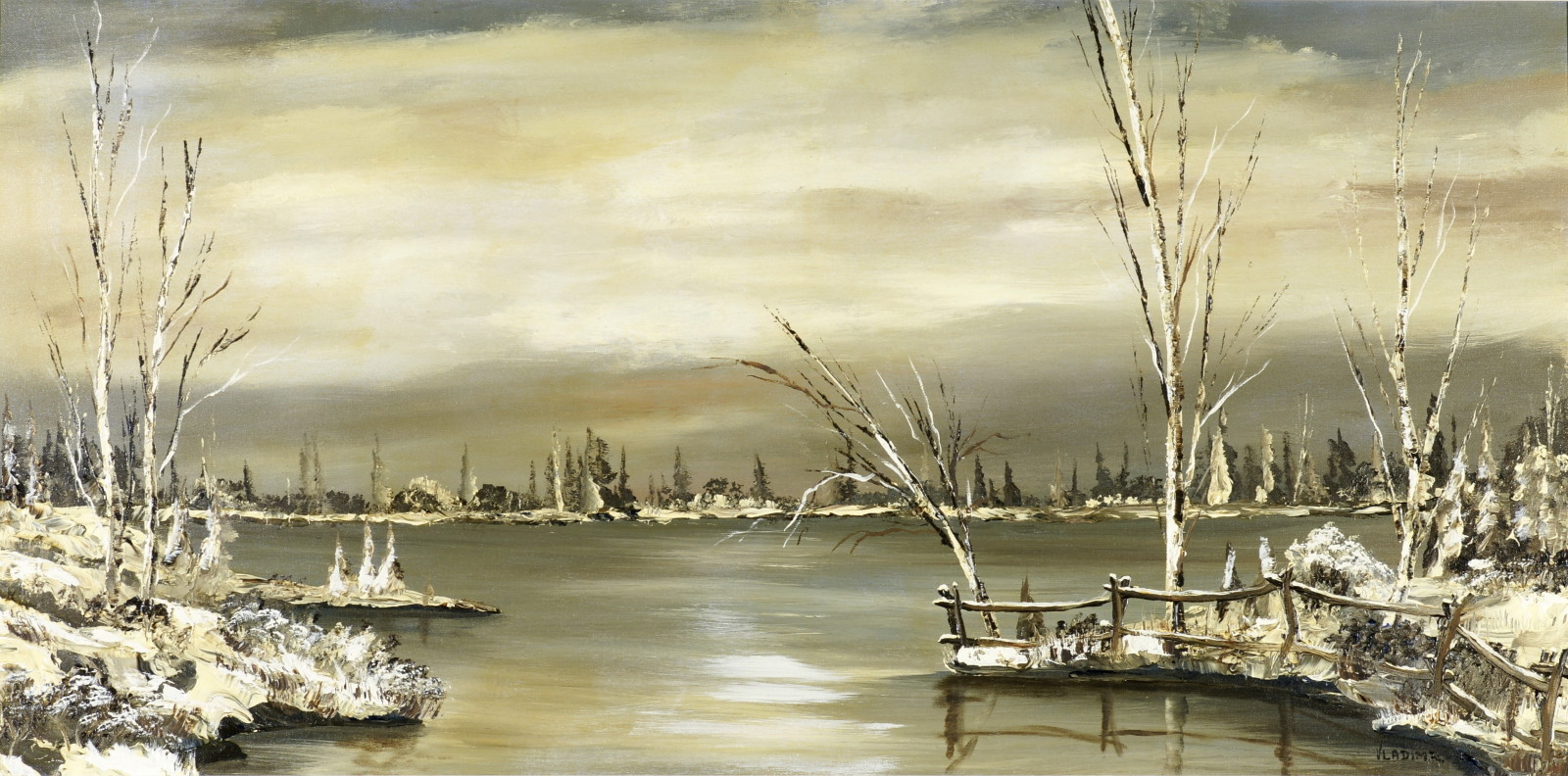 rio, inverno, panorama, árvores, óleo, tela de pintura, Ovchinnikov Vladimir Ivanovich