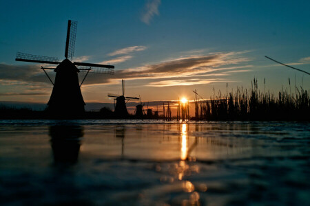 kanal, skyer, gress, mølle, solnedgang, himmelen