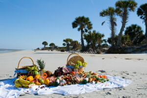 cesta, de praia, Comida, fruta, Palmeiras, foto, areia, Ainda vida