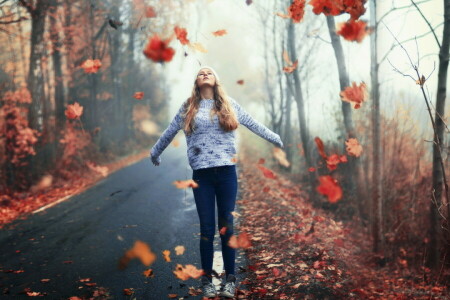 autumn, girl, road