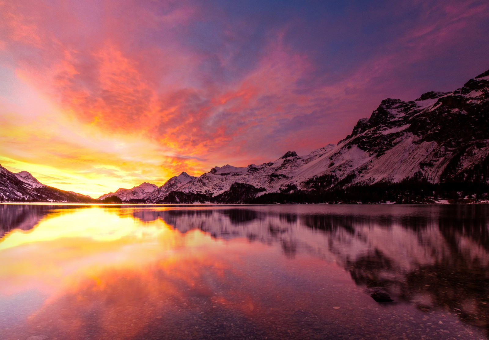 Lac, hiver, paysage, montagnes, Aube